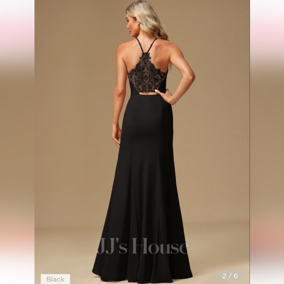 Floor length chiffon lace back black dress - Picture 2 of 5